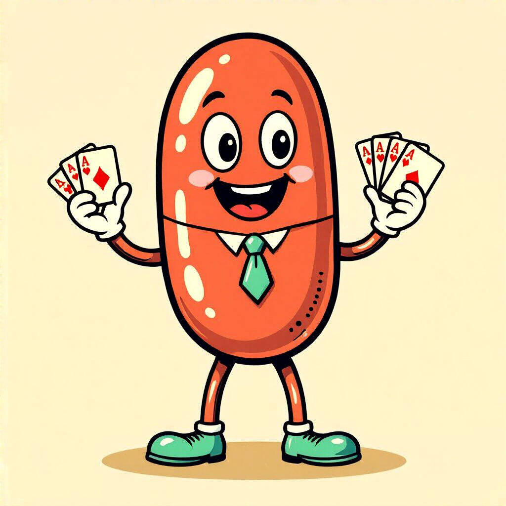 MUN Cards mascot — a cheerful jelly bean character fanning playing cards